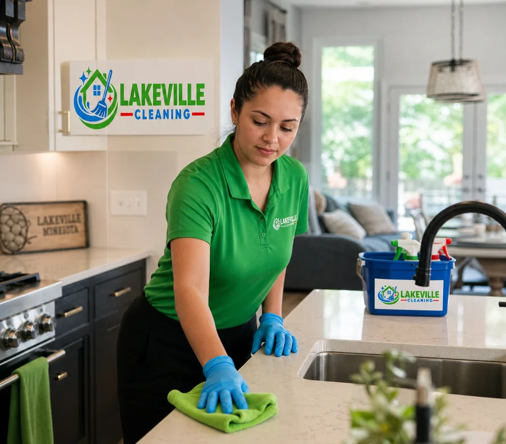 Lakeville Cleaning technician wiping kitchen counters and high-touch surfaces in a bright Lakeville home