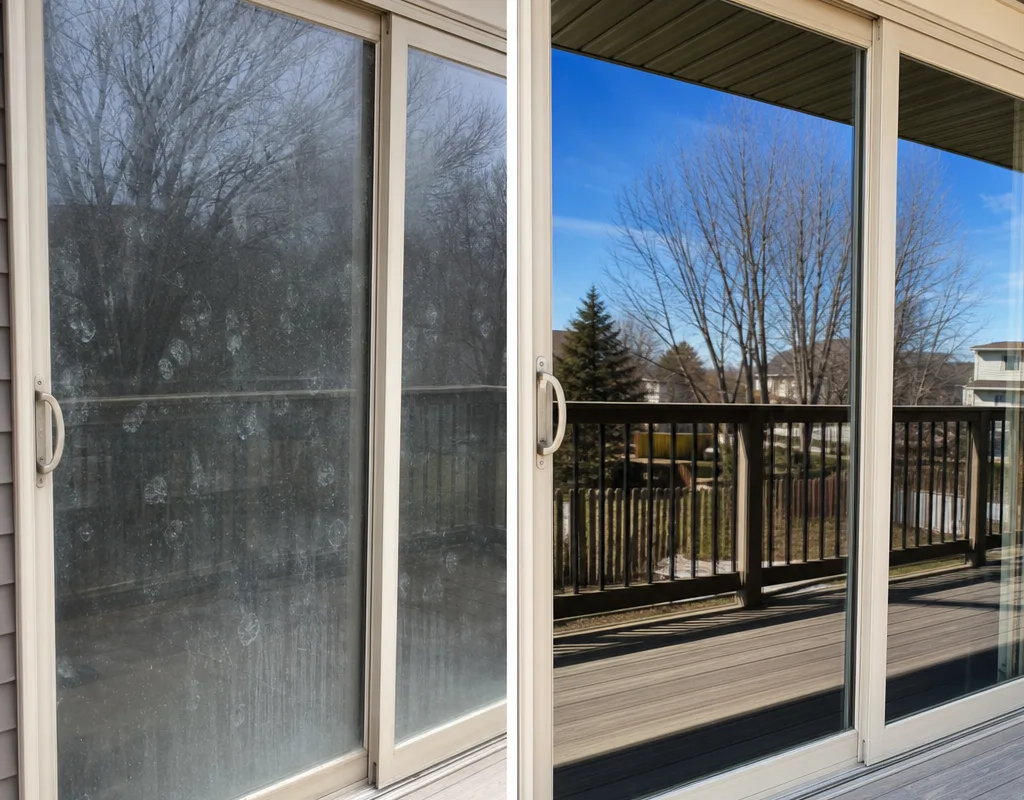 Before-and-after comparison of hazy patio-door glass and a clear streak-free finish