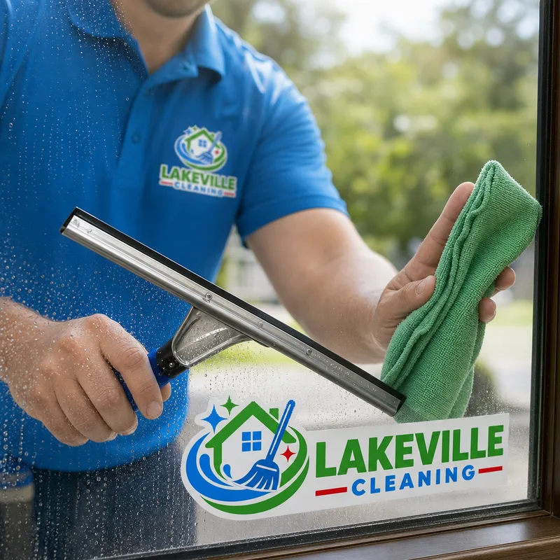 Squeegee pulling water cleanly down a pane while a microfiber towel details the edge