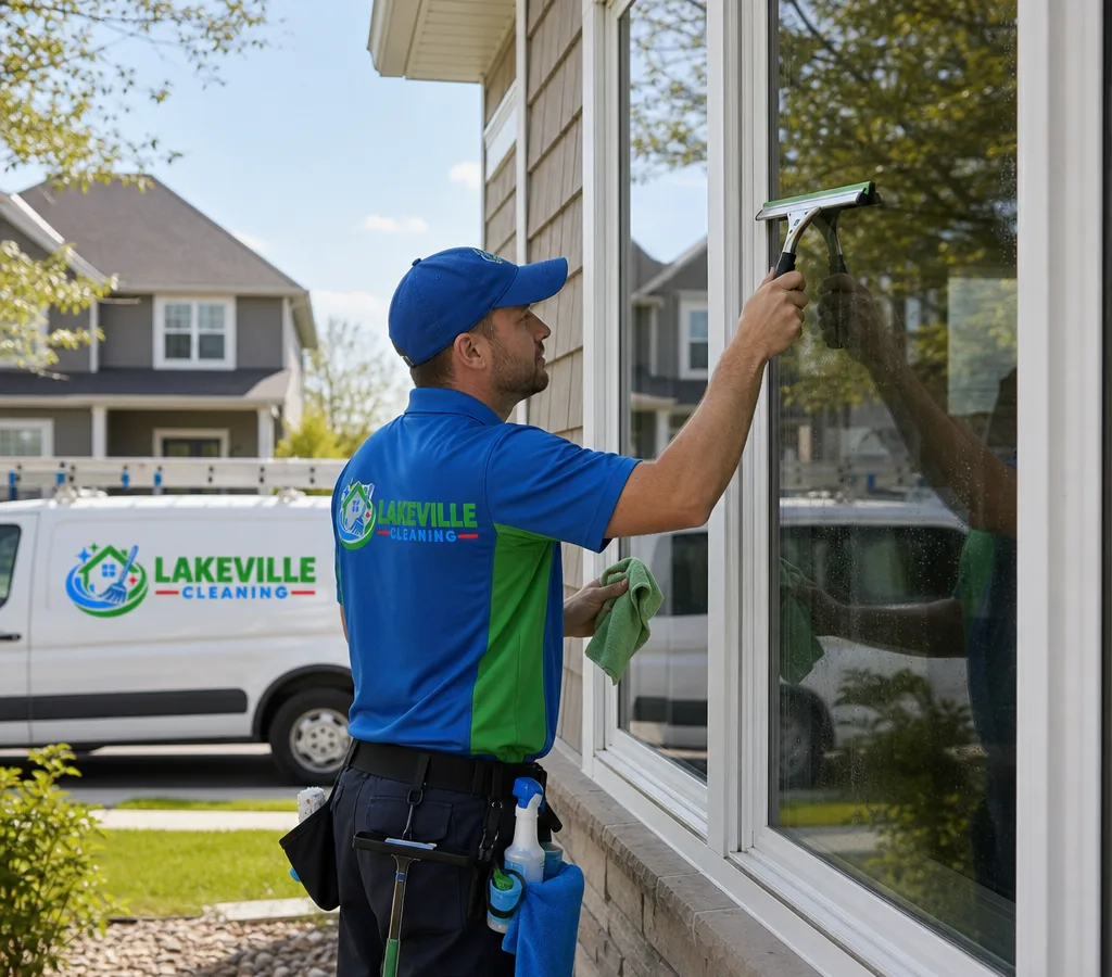 Technician cleaning a large residential picture window with a squeegee and detailing its edges