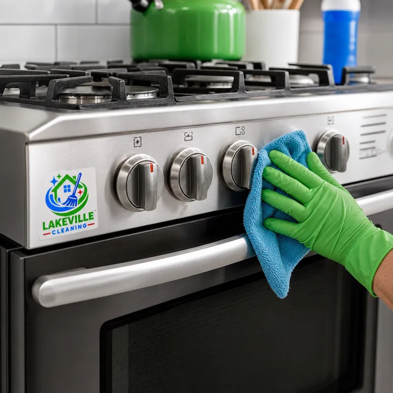 Freshly cleaned stovetop and stainless appliance front with a streak-free finish