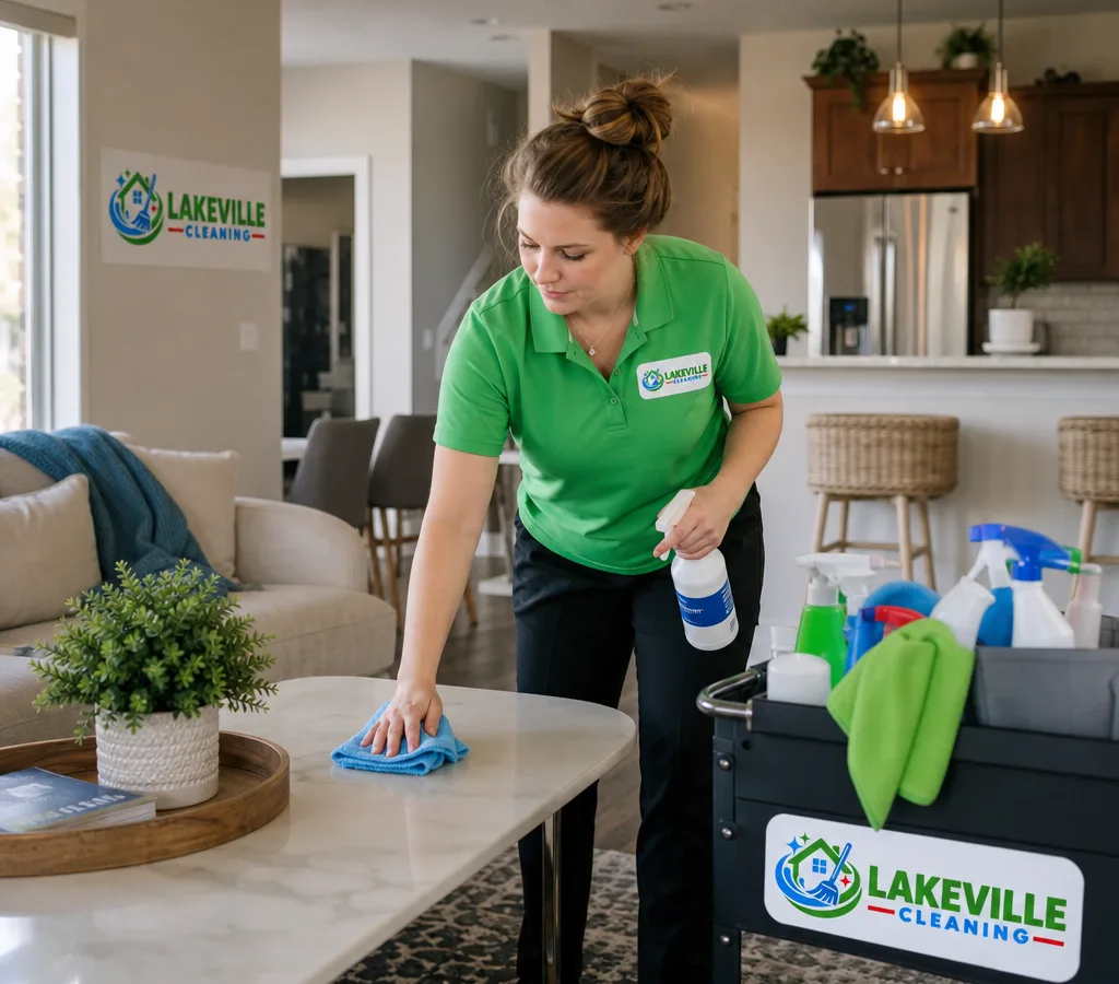 Uniformed housekeeper cleaning a bright Lakeville-area living room and kitchen with a caddy of supplies