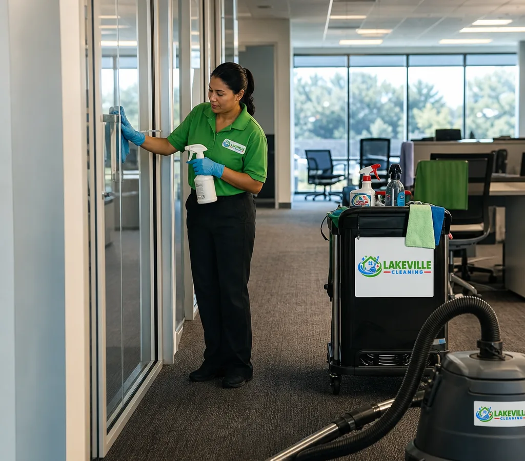 Cleaner disinfecting high-touch points and vacuuming a modern office suite early in the morning