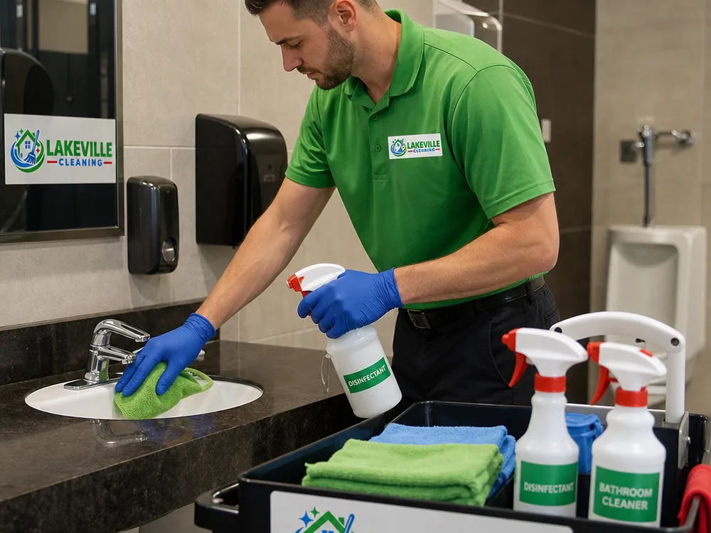 Cleaner disinfecting commercial restroom fixtures with organized supplies and microfiber cloths