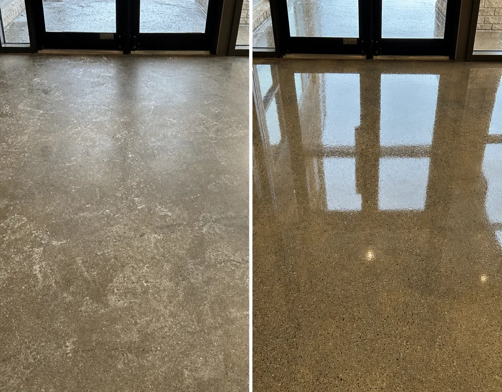 Before-and-after comparison of a Lakeville commercial entryway floor showing reduced salt film and clearer reflection lines