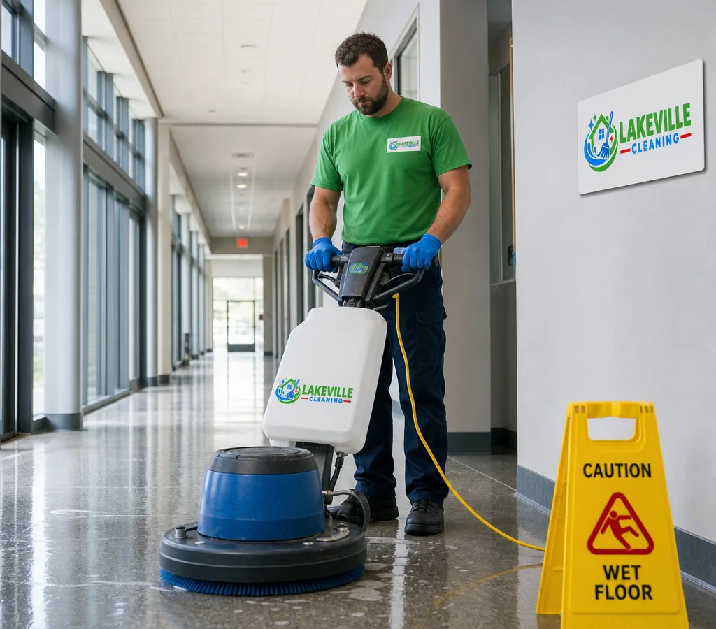 Cleaning technician maintaining commercial hard floors in a Lakeville facility hallway with a floor machine and wet-floor safety signage