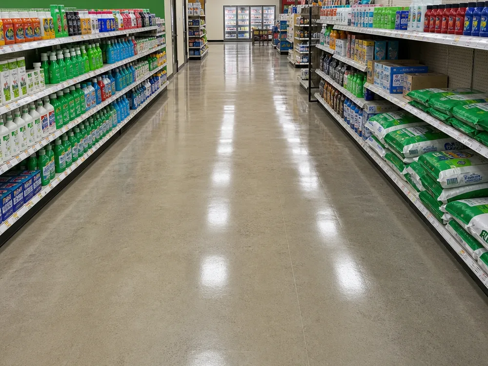Finished retail aisle floor with clean traffic lanes and a consistent sheen during off-hours