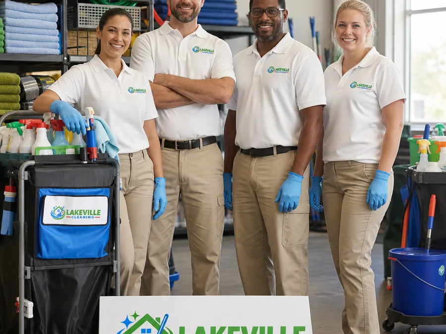 Lakeville Cleaning team in uniform beside stocked cleaning equipment